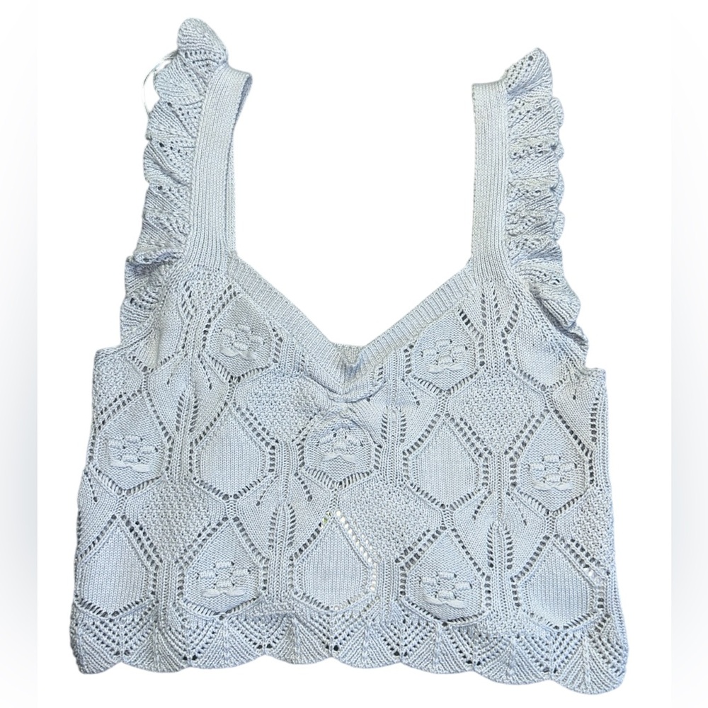 Chelsea & Violet Pointelle Stitched Scalloped Eyelet Knit Tank Cotton Blue